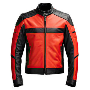 Veste en cuir pour homme en peau de mouton véritable rouge et noir à col montant pour moto Streetwear avec fermeture éclair élégante légère d'hiver coupe ajustée - Product Image 3