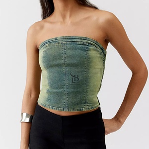 เสื้อครอปสตรีสไตล์ลำลองผ้ายีนส์ประดับลูกปัดผ้ายืดสำหรับฤดูร้อน1ชิ้น - Product Image 1