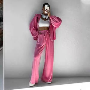 Nouveautés Automne Ensemble deux pièces pour femme : Veste décontractée zippée à manches longues avec capuche et pantalon large élastique - Product Image 2