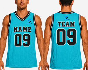Maillot de basket-ball bleu personnalisé pour hommes, col en v, sans manches, impression sublimée, nom personnalisé, numéro 09, maille respirante, 100% Polyester - Product Image 6
