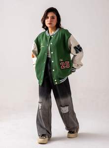 แจ็คเก็ตเบสบอลวาร์ซิตี้แบบเรโทร แขนหนัง ปักโลโก้ตามสั่ง สำหรับผู้ชาย - Product Image 4