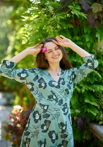 Nirmala Floral Hand Block Printed <b>Wrap</b> Dress Boho Cotton Grey Blue Adjustable Waist Dress - Product Image 5