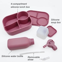 Boîte à lunch bento en silicone personnalisée avec logo, vente en gros, ensemble de 4 compartiments, récipient alimentaire étanche + bouteille d'eau + boîte à goûter