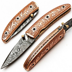 Cuchillo de bolsillo Precio al por mayor Acero de Damasco Cuchillo plegable para acampar Mango de madera Cuchillo de bolsillo a granel para la venta con Funda de cuero - Product Image 3