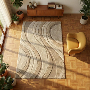 Modern Sculpted Wave Plush Area Rug Neutral <b>Beige</b> Carpet for Living Room Bedroom Dining Room Contemporary Scandinavian Teppich - Product Image 4