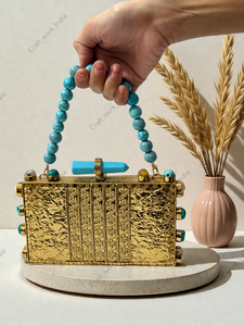 Turquoise Gemstone Panelled <b>Clutch</b> with Hand-Set Stone Tiles <b>Gold</b> Ornate Frame Handcrafted Luxury Statement Bag anniversary gift - Product Image 5