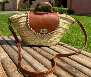 Moroccan Straw <b>Bag</b> with Leather Flap | Handmade <b>Wicker</b> Purse for Women | Boho Crossbody <b>Bag</b> - Product Image 2