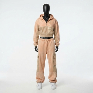 Women <b>Cropped</b> <b>Zip</b> <b>Up</b> <b>Hoodie</b> and Cargo Sweatpants Set Washed Two Piece Tracksuit Custom Rhinestone Detail - Product Image 3