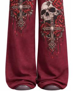 Pantalons de survêtement à jambes larges personnalisés avec imprimé de crâne de rose de couleur bordeaux pour femmes, style gothique surdimensionné, streetwear, pantalon de jogging en molleton OEM - Product Image 2