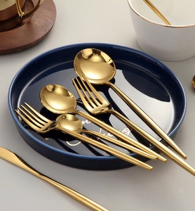 Classic Design Gold Finished Metal <b>Cutlery</b> <b>Set</b> With Slim Long Handle for Home & Wedding Dinnerware Flatware <b>Sets</b> - Product Image 1