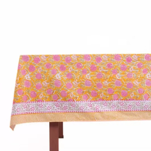 Hand Block Floral Printed Cotton Table Cover Sage and Russian Green Peanut Brown Round <b>Tablecloth</b> Table Cover Linen Set - Product Image 1