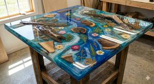 Table carrée en résine moderne de luxe, faite à la main, pour la salle à manger, plateau en bois d'acacia massif, personnalisable, design élégant de rivière, vaisselle - Product Image 4