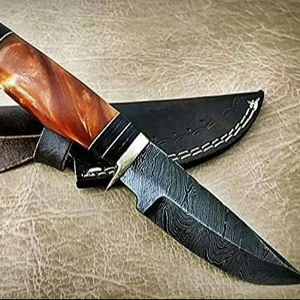 Cuchillo de pelar de hoja fija de acero damasco de color coñac con Funda de cuero irrompible Soporte OEM - Product Image 1