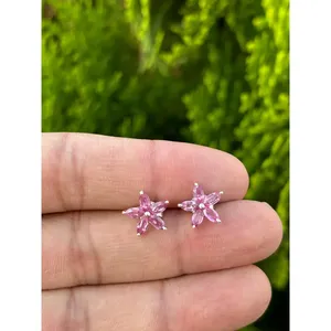 Natural Pink Sapphire Floral <b>Stud</b> <b>Earrings</b> 925 Sterling Silver Handmade Fine Gemstone Jewelry Wholesale Supplier - Product Image 1