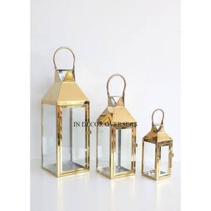 Juego de 3 linternas de portavelas, suministros decorativos de boda, metal de alta calidad, chapado en oro y vidrio transparente de excelente calidad - Product Image 1