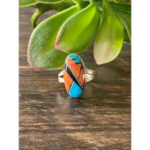 Navajo Multi-Geometric Stone & Platinum Sterling <b>Silver</b> Inlay <b>Ring</b> Size 6-for Everyday Wear with Turquoise <b>Opal</b> Pearl Gemstones - Product Image 1