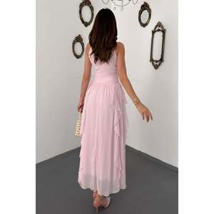 Robe rose poudré avec devant plissé et volanté - Rose poudré - Product Image 5