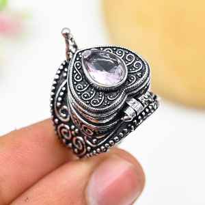Pink Kunzite Pill Box Ring Adjustable 925 Sterling Silver Gemstone Jewelry Secret Message Box Ring - Product Image 2