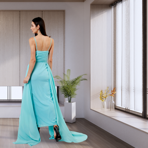 Tôn tạo ánh sáng màu xanh Maxi Dress với Spaghetti quai cao khe và chảy trở lại cho buổi tối và các sự kiện chính thức partywear Dress - Product Image 4