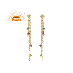 Meilleure vente de boucles d'oreilles en argent sterling plaqué or 18k naturel multi-pierres précieuses longue goutte demi bijoux fins fabricant - Product Image 1