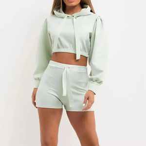 Fashionable Solid Pattern <b>Women's</b> Crop <b>Top</b> Tracksuit Jogger 2 Piece Set Pullover Hooded Crop <b>Top</b> and Pant-Short Length Crop <b>Top</b> - Product Image 1