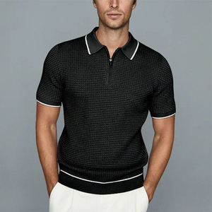 Casual Slim Fit sólido tejido Tops hombres 2023 verano moda solapa cremallera Polos ropa de hombre moda manga corta Polos - Product Image 3