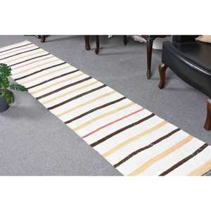 Modern Vintage 2x9,6ft Turkish <b>Wool</b> Rug Elegant <b>White</b> Flat Weave with Patchwork Pattern for Living Room or Hallway Decorations - Product Image 1