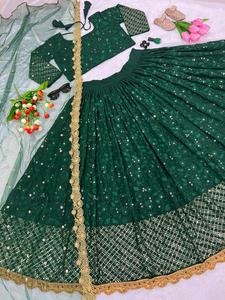 Georgette-ropa de boda de diseño indio, ropa de boda de color verde oscuro, Lehenga Choli con Secuencia bordada, venta al por mayor - Product Image 5