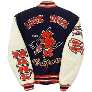 OEM Custom Chenille Embroidery logo Leather Sleeves <b>Light</b> Blue Baseball Bomber Letterman Varsity Jacket for Men - Product Image 2