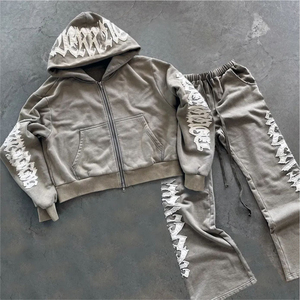 Nouveauté Style tendance Jogging à jambe droite Sweats à capuche brodés en détresse Pantalons de survêtement survêtements évasés lavables imprimés - Product Image 1