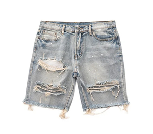 Pantalones cortos de mezclilla desgastados de talla grande para hombre, corte holgado con borlas y dobladillo crudo, pantalones cortos de playa personalizables, patrón con bolsillos, talla XS - Product Image 1