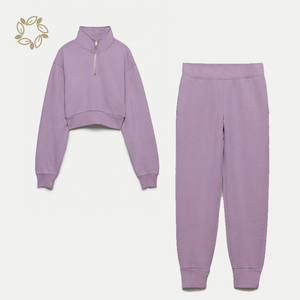 ชุดวอร์มคอตตอนออแกนิกของผู้หญิงชุดวิ่งเสื้อครอปท็อปซิป1/4สเวตเชิ้ตผ้าฟลีซแบบสวมหัวชุดวอร์มลำลองใส่อยู่เอวโลโก้ - Product Image 4