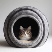 Maison pour chat en feutre de laine - Fabrication artisanale de qualité supérieure, abri respirant pour chat avec design amovible et lavable, forme ovale, motif rayé