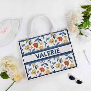 Personalized Beaded Tote, Custom Wedding Tote, Floral Beaded <b>Bag</b>, Personalized Wedding <b>Bag</b>, <b>Bridesmaid</b> <b>Gift</b>, Blue Floral Tote, - Product Image 4