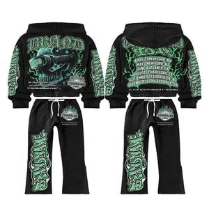 Conjunto Deportivo Vintage de Pantalones Deportivos Acampanados y Sudadera con Capucha, Estilo Desgastado, Bordado, Rayas Decoloradas por el Sol, Cierre de Cremallera y Lavado Ácido - Product Image 4