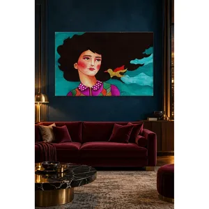Impression sur toile Fida : Fille sur fond turquoise avec cheveux noirs ébouriffés et oiseau - Product Image 4