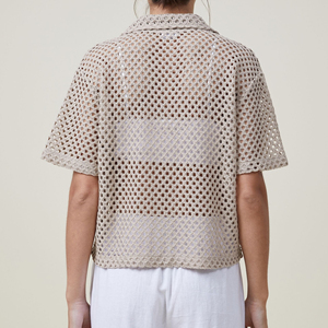 OEM logotipo personalizado de alta calidad de algodón de verano de punto Polo camiseta recortada de manga corta de malla ahueca hacia fuera las mujeres de ganchillo polo - Product Image 4