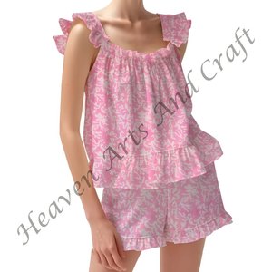 Conjunto de pijama de algodón con estampado de bloques indios y estampado a mano, Conjunto de pijama de algodón puro para Primavera/Verano ajustado con tiras y volantes - Product Image 6