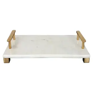 Plateau de service en marbre blanc rond, nouveaux plateaux de maison et de Table de haute qualité, vente en gros, plateau de service en marbre avec poignée en laiton - Product Image 3
