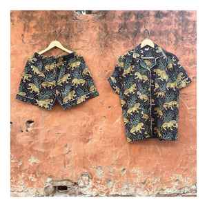 Conjunto de Pijama Corto de Algodón Estampado a Mano con Diseño Floral Marrón para Mujer, Ropa de Dormir de Verano con Ribete Blanco, Estilo Boho - Product Image 3