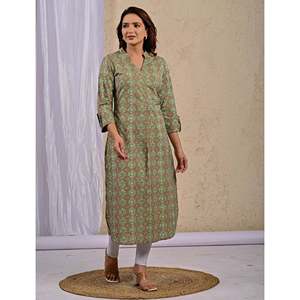 Green Georgette <b>Block</b> <b>Printed</b> Straight Kurti Ankle-Length Indian Dress Pakistani for Party Wear Includes Salwar Kameez Saree - Product Image 5