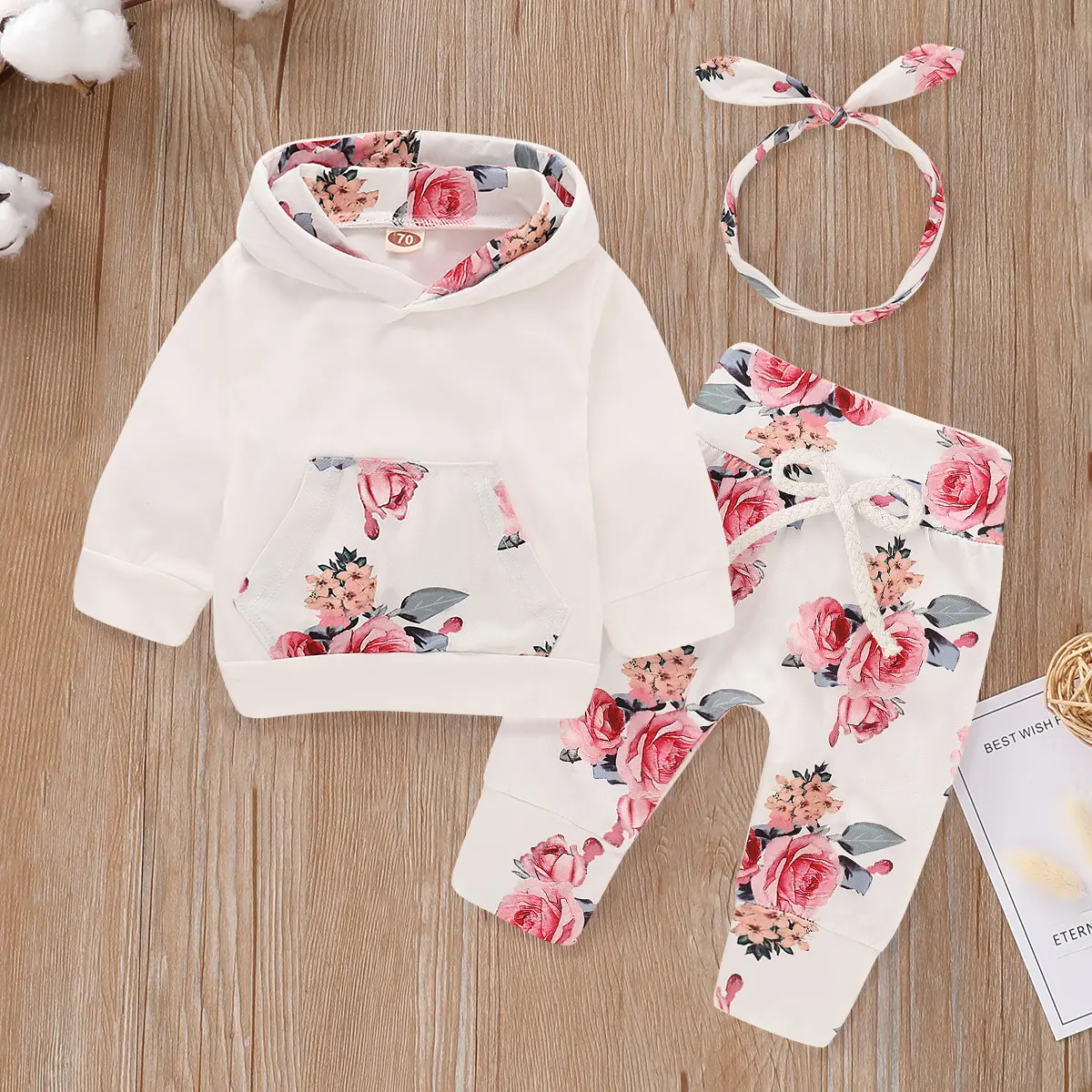 Popular Fashion Clothing Casual Hooded Long Sleeve Top Girls Summer Floral 3-Piece Children's Sportswear Set