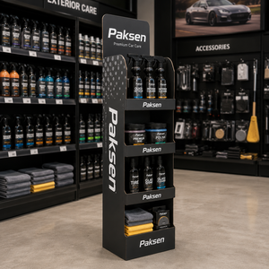 ขาตั้งโชว์สินค้าแบบตั้งพื้นทำจากกระดาษลูกฟูกพิมพ์ลายสีดำด้าน สำหรับสินค้าดูแลรักษารถยนต์แบบบรรจุภัณฑ์ - Product Image 3
