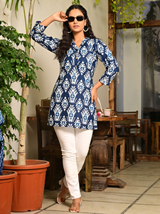 Blusa Kurti Informal Étnica para Mujer, de Algodón Índigo Estampado, de Secado Rápido, Corte Regular, Largo hasta la Cadera, Manga 3/4, Cuello en V, para Fiestas - Product Image 6