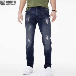 กางเกงยีนส์เดนิมผู้ชายแบบสั่งทำพิเศษ ขายส่ง กางเกงยีนส์เดนิมฟอกสีแบบมีรอยขาด สไตล์ลำลอง พร้อมโลโก้ OEM กางเกงยีนส์ Celana Pria แบบสั่งทำ - Product Image 3