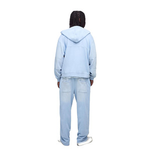 Ensemble de survêtement pour homme en molleton lourd bleu ciel lavé, sweat à capuche oversize à fermeture éclair, jogging décontracté, streetwear, commande en gros, production OEM - Product Image 2