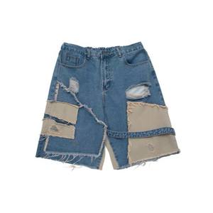 Shorts en jean patchwork taille mi-haute pour homme, délavage clair, style décontracté d'été avec poches et design appliqué - Product Image 6