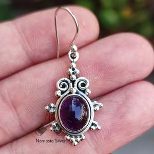 925 <b>Sterling</b> <b>Silver</b> <b>Dangle</b> <b>Earrings</b> Natural Amethyst Oval Gemstone Handmade Flower Pattern Jewelry February Birthstone Amethyst - Product Image 5