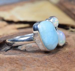 Anillo de Larimar y Ópalo, Plata de Ley 925, Chapado en Rodio, Anillo de Lujo con Múltiples Piedras Preciosas, Hecho a Mano, Anillo de Moda para Mujer, Talla Estadounidense 9 - Product Image 3