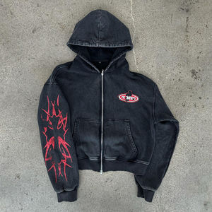 OEM Logo personnalisé vierge Détresse unie sans cordon de serrage Poids lourd 100% coton brodé recadrée-Sweat à capuche bord inférieur ourlet brut - Product Image 1